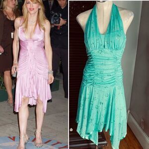 VTG 90s Y2K Dress Fairy Drop Waist Turquoise Sparkly Asymmetrical Flare Halter M